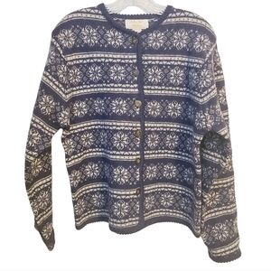 Tally Ho | Women's Vintage Blue and White 100% Wool Sweater (Size Large)